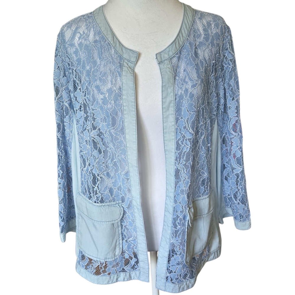 Chico's Light Blue Denim And Lace Women's Cardigan Jacket